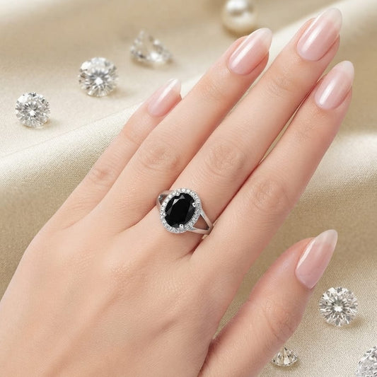 Elegant Black Onyx Halo Ring for Women – Luxury Silver Statement Ring
