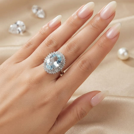 Luxury Ice Blue Crystal Halo Ring for Women – Elegant Oval Statement Ring