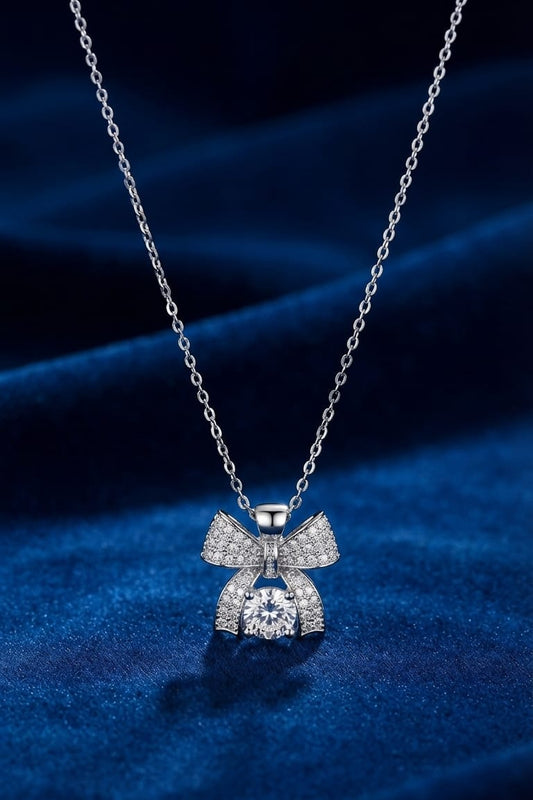 Luxury Silver Bow Crystal Pendant Necklace – Elegant Sparkling Charm for Women