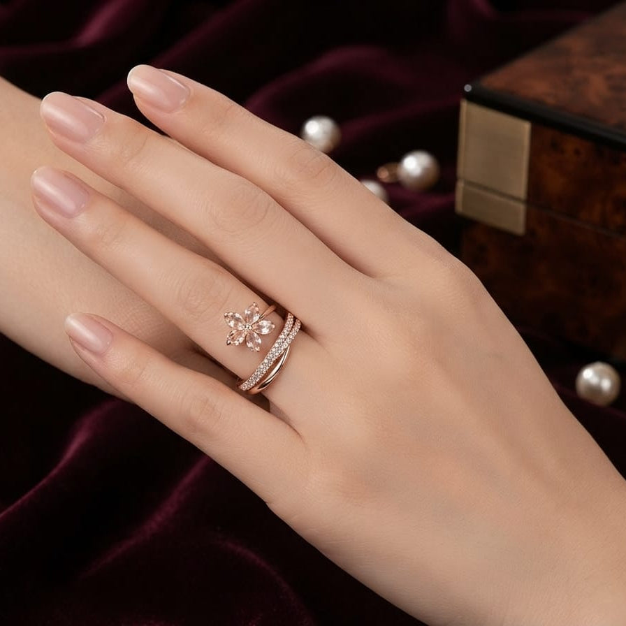 Rose Gold Floral Adjustable Ring for Women | Elegant Crystal Flower Ring