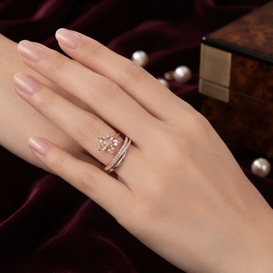 Rose Gold Floral Adjustable Ring for Women | Elegant Crystal Flower Ring