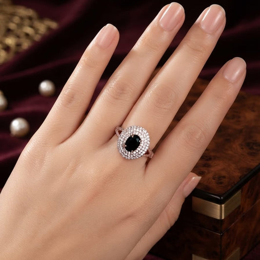 Rose Gold Black Crystal Halo Ring – Elegant Statement Ring for Women