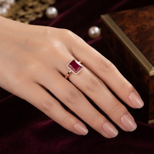 Ruby Red Emerald-Cut Halo Ring – Rose Gold Finish | Elegant Statement Ring