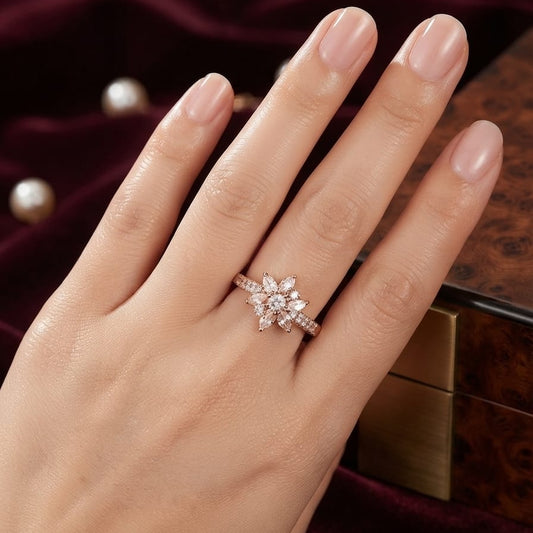 Elegant Floral Crystal Ring – Rose Gold Plated Flower Statement Ring for Women