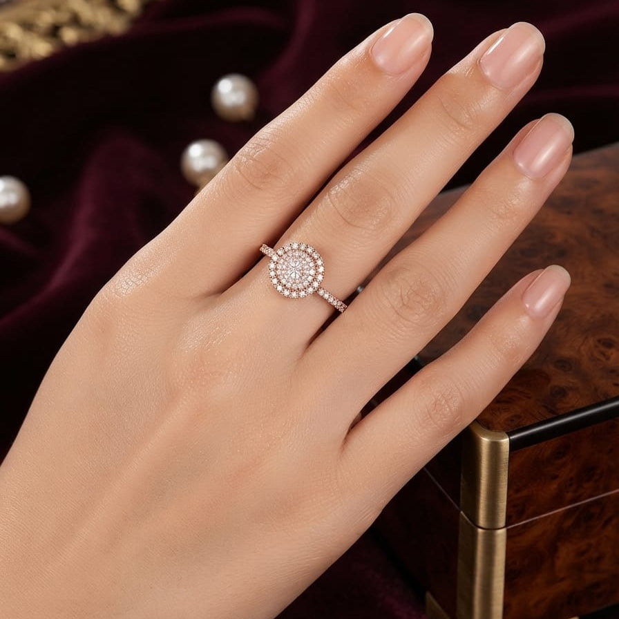 Sparkling Round Halo Crystal Ring – Rose Gold Plated Elegant Ring for Women