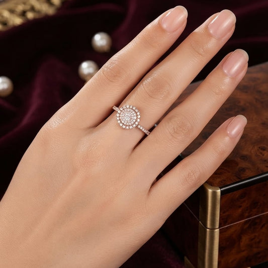 Sparkling Round Halo Crystal Ring – Rose Gold Plated Elegant Ring for Women