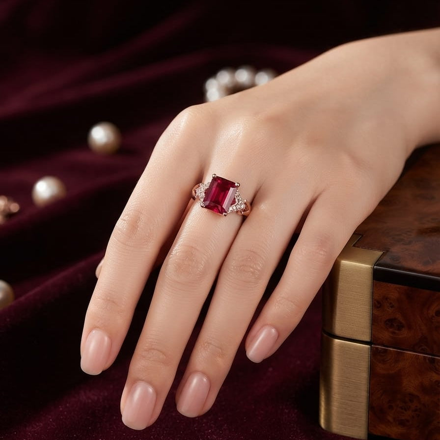 Ruby Red Emerald-Cut Statement Ring – Rose Gold Plated Crystal Ring for Women