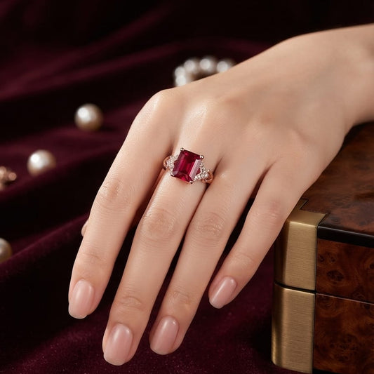 Ruby Red Emerald-Cut Statement Ring – Rose Gold Plated Crystal Ring for Women