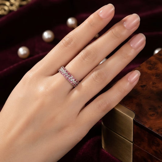 Pink & White Crystal Eternity Band Ring – Rose Gold Plated Stackable Ring for Women