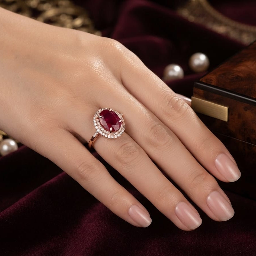 Luxury Oval Halo Statement Ring – Rose Gold Plated | Available in Red & Gold Stone
