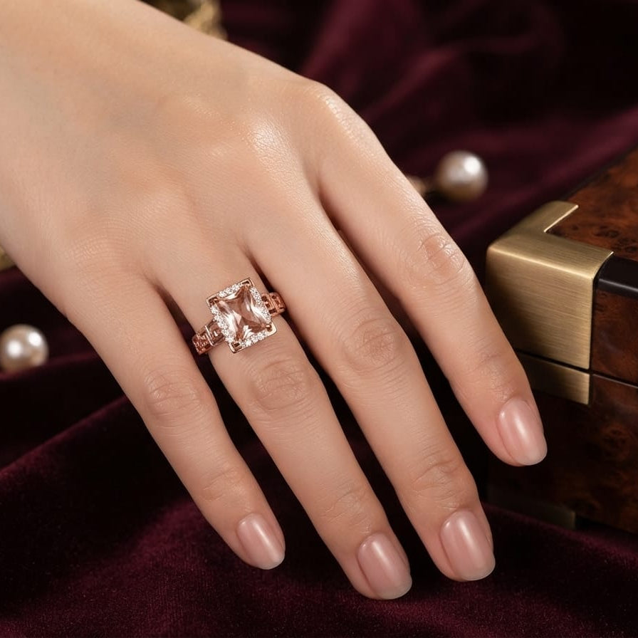 Luxury Emerald-Cut Statement Ring – Rose Gold Plated | Available in Red, Pink & Gold Stone