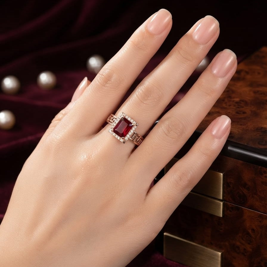Luxury Emerald-Cut Statement Ring – Rose Gold Plated | Available in Red, Pink & Gold Stone