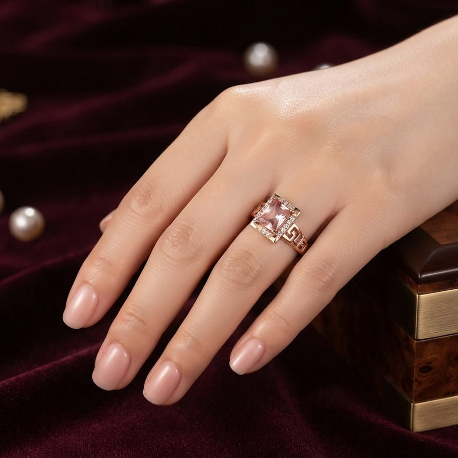 Luxury Emerald-Cut Statement Ring – Rose Gold Plated | Available in Red, Pink & Gold Stone