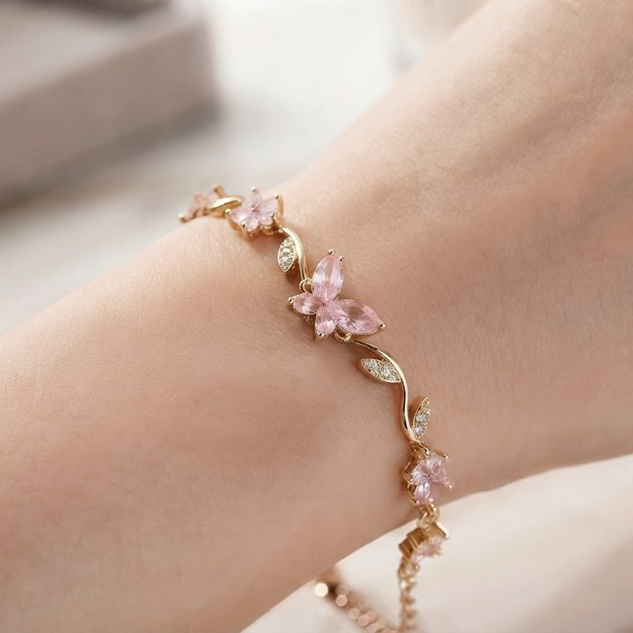 Butterfly & Floral Crystal Bracelet – Adjustable Statement Bracelet for Women | Available in 4 Elegant Colors