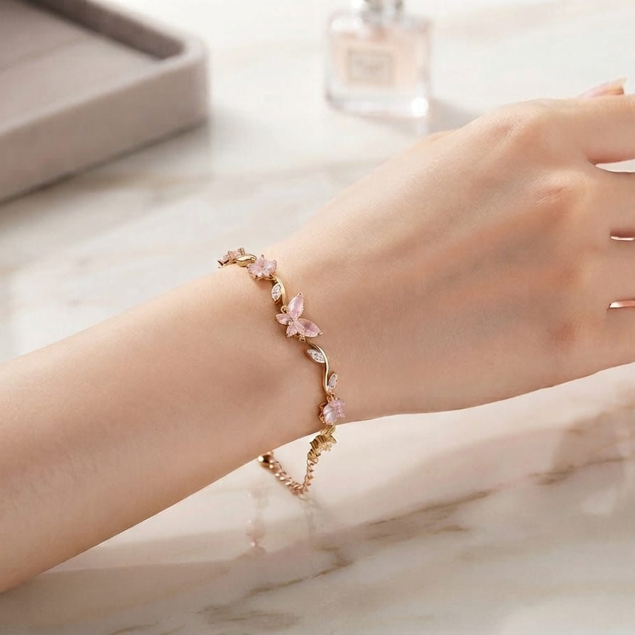 Butterfly & Floral Crystal Bracelet – Adjustable Statement Bracelet for Women | Available in 4 Elegant Colors
