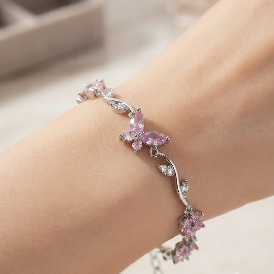 Butterfly & Floral Crystal Bracelet – Adjustable Statement Bracelet for Women | Available in 4 Elegant Colors