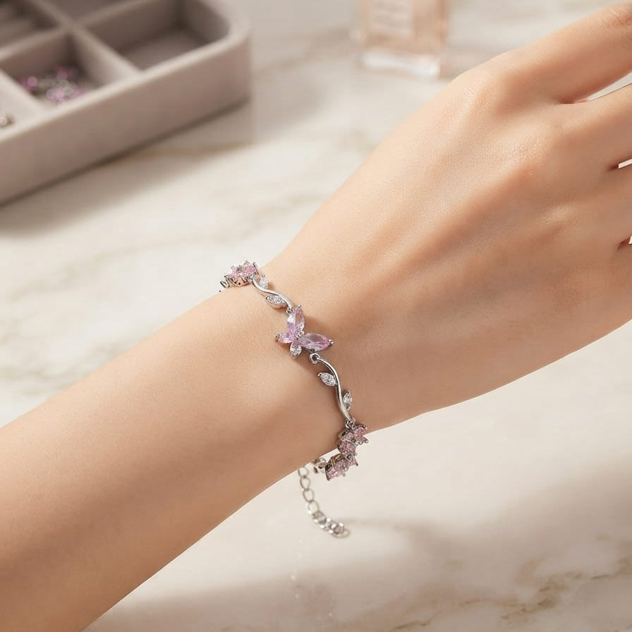 Butterfly & Floral Crystal Bracelet – Adjustable Statement Bracelet for Women | Available in 4 Elegant Colors