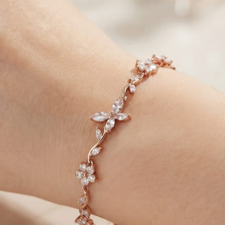 Butterfly & Floral Crystal Bracelet – Adjustable Statement Bracelet for Women | Available in 4 Elegant Colors
