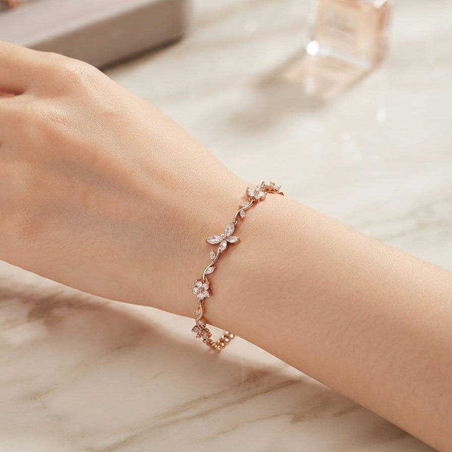 Butterfly & Floral Crystal Bracelet – Adjustable Statement Bracelet for Women | Available in 4 Elegant Colors