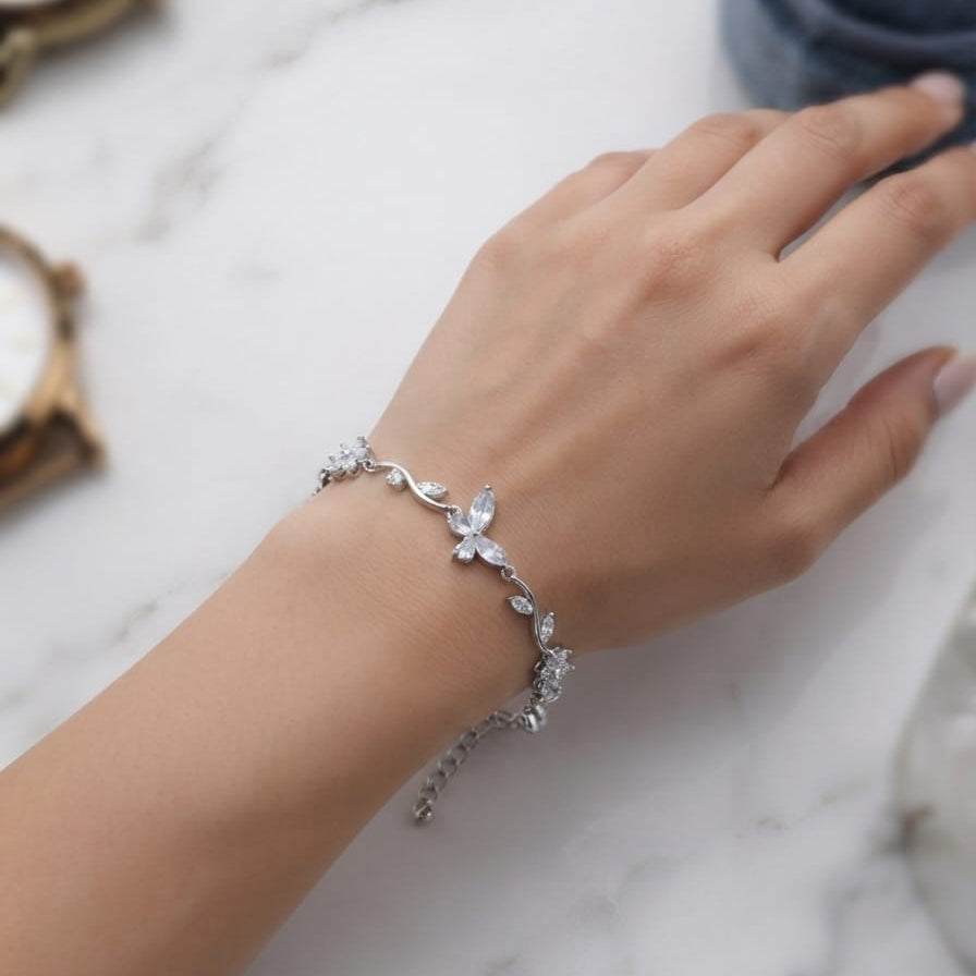 Butterfly & Floral Crystal Bracelet – Adjustable Statement Bracelet for Women | Available in 4 Elegant Colors