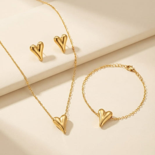 Elegant Gold Heart Jewelry Set – Necklace, Bracelet & Stud Earrings | Minimalist Gift for Women