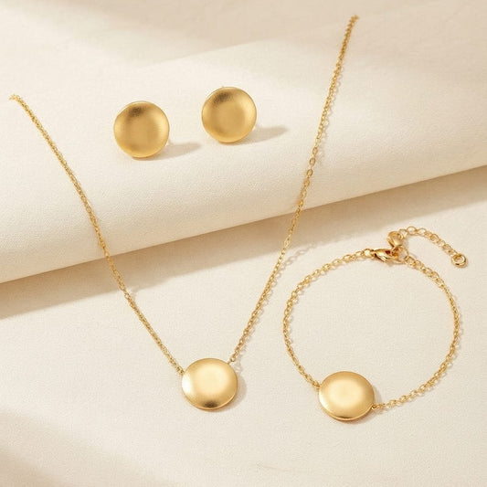 Minimalist Gold Disc Jewelry Set – Necklace, Bracelet & Stud Earrings for Women