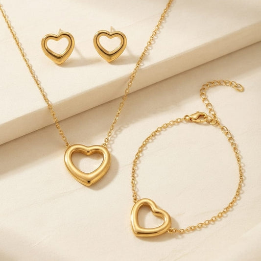 Elegant Gold Heart Jewelry Set – Necklace, Bracelet & Stud Earrings for Women