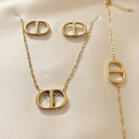 Luxury Gold Oval Pendant Jewelry Set – Necklace, Bracelet & Stud Earrings