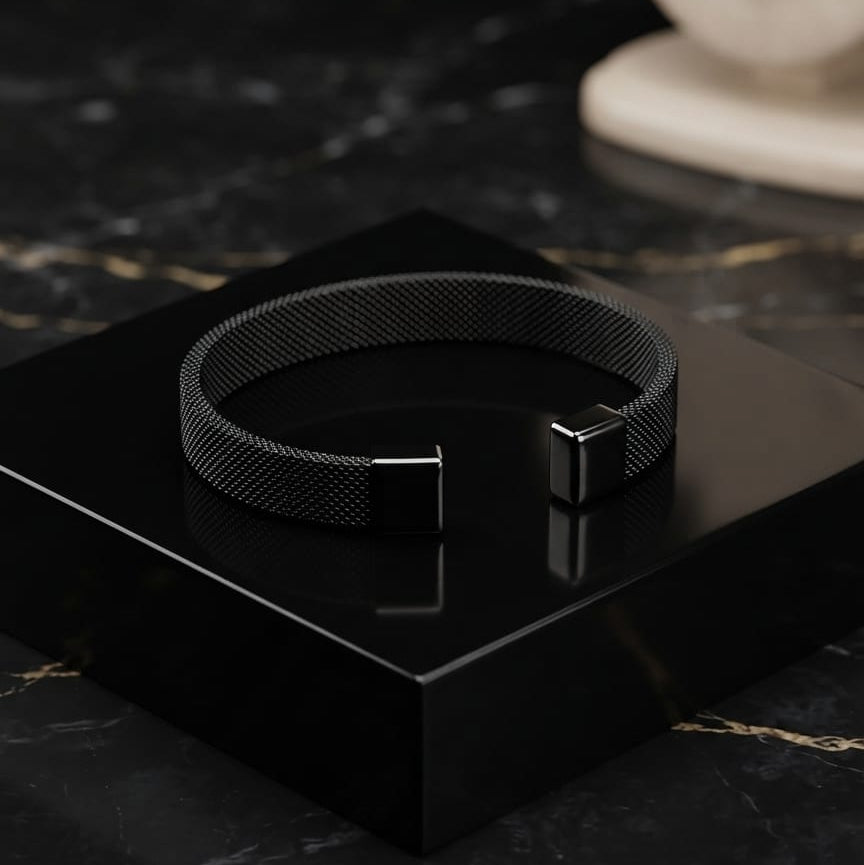 Stainless Steel Mesh Cuff Bracelet – Adjustable Open Bangle | Black & Silver