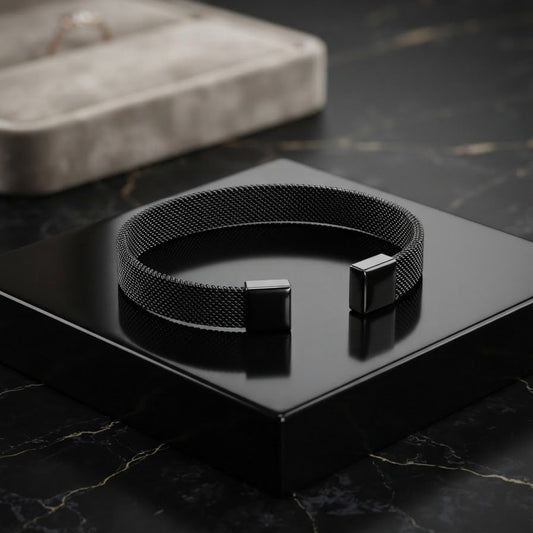 Stainless Steel Mesh Cuff Bracelet – Adjustable Open Bangle | Black & Silver