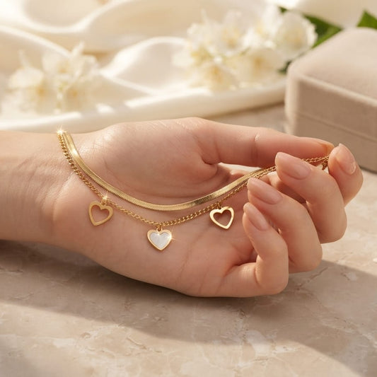 Elegant Double Layer Heart Charm Bracelet for Women – Gold Plated Adjustable Bracelet