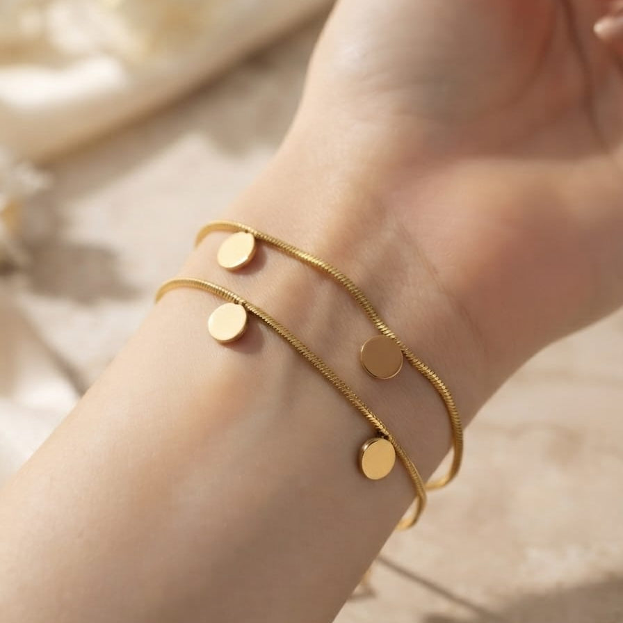 Minimalist Double Layer Gold Disc Bracelet for Women – Adjustable Open Cuff Bracelet