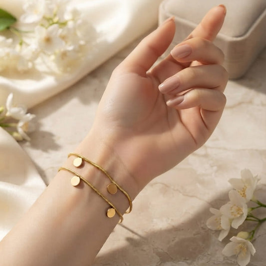 Minimalist Double Layer Gold Disc Bracelet for Women – Adjustable Open Cuff Bracelet
