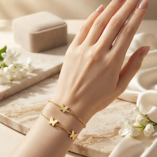 Elegant Butterfly Double Layer Bracelet for Women – Gold Plated Adjustable Bracelet