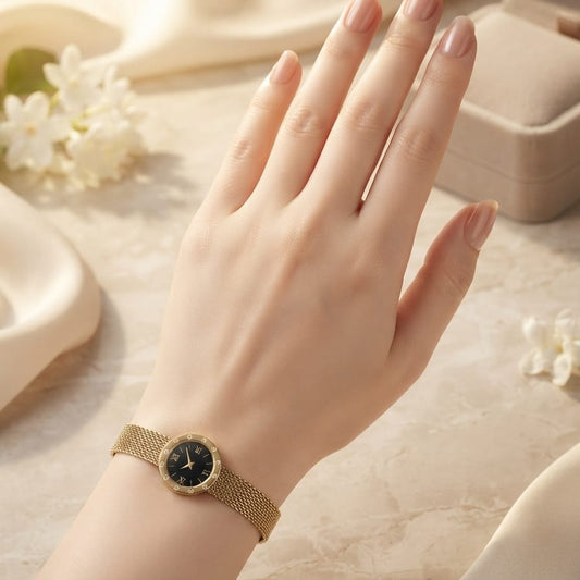 Elegant Mesh Watch Style Bracelet for Women – Gold Plated Adjustable Bracelet