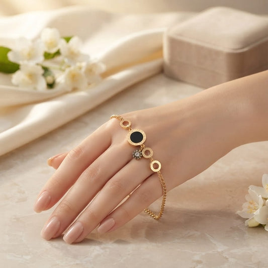Luxury Black Circle Charm Bracelet for Women – Gold Plated Adjustable Chain Bracelet