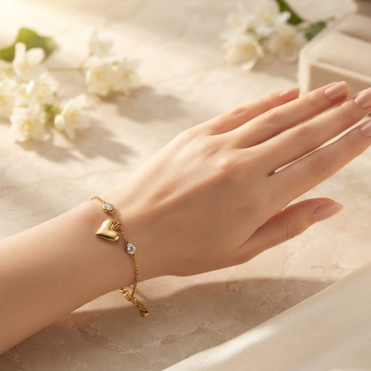Elegant Heart Charm Bracelet for Women – Gold Plated Adjustable Crystal Bracelet