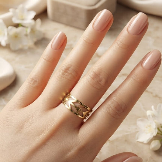 Luxury Gold Leaf Cut-Out Ring for Women | Adjustable Stainless Steel Fashion Ring