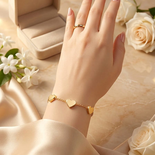 Elegant Five Heart Charm Bracelet for Women – Gold Plated Adjustable Chain Bracelet
