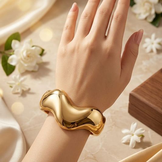 Luxury Gold Wave Anti-Tarnish Cuff Bracelet for Women | Premium Stainless Steel Statement Bangle