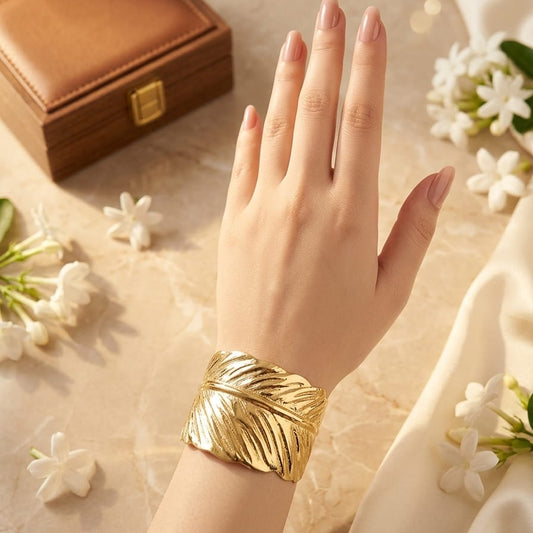 Luxury Gold Leaf Cuff Bracelet for Women | Premium Stainless Steel Anti-Tarnish Statement Bangle