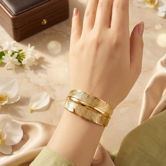 Luxury Gold Feather Cuff Bracelet for Women | Anti-Tarnish Stainless Steel Statement Bangle