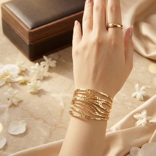 Luxury Gold Wave Mesh Cuff Bracelet for Women | Anti-Tarnish Stainless Steel Statement Bangle