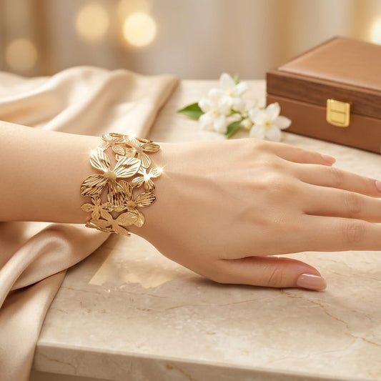 Luxury Gold Floral Cuff Bracelet for Women | Anti-Tarnish Stainless Steel Statement Bangle