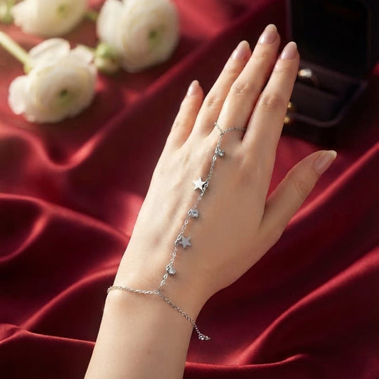 Silver Star Hand Chain Bracelet for Women | Anti-Tarnish Adjustable Hand Harness