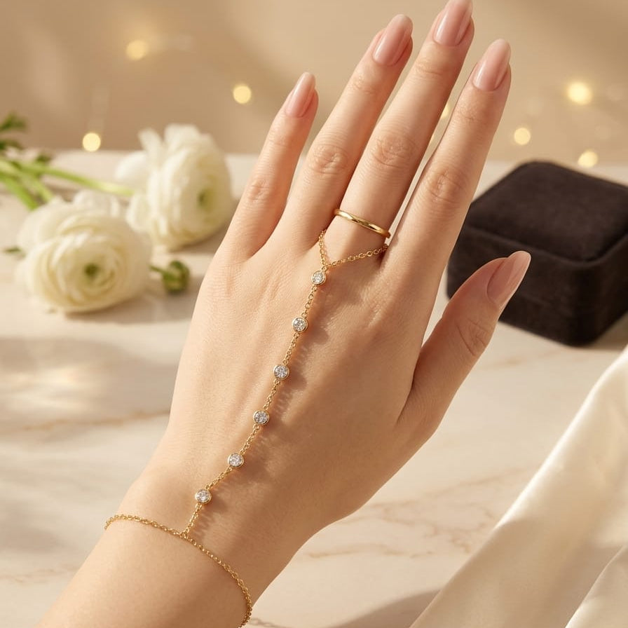 Luxury Gold Crystal Hand Chain Bracelet for Women | Anti-Tarnish Adjustable Hand Harness