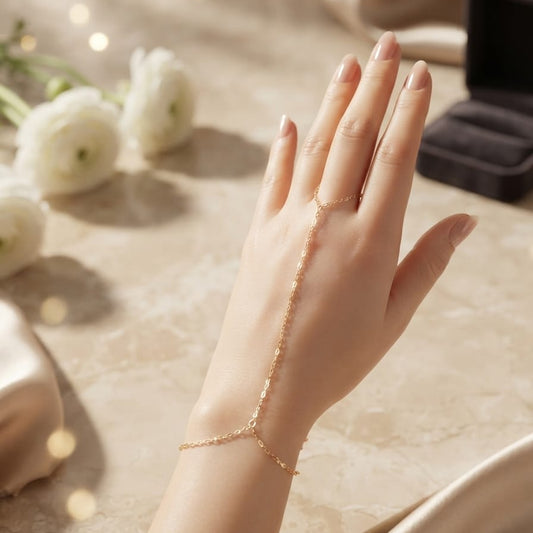 Minimalist Gold Hand Chain Bracelet for Women | Anti-Tarnish Adjustable Bracelet with Ring