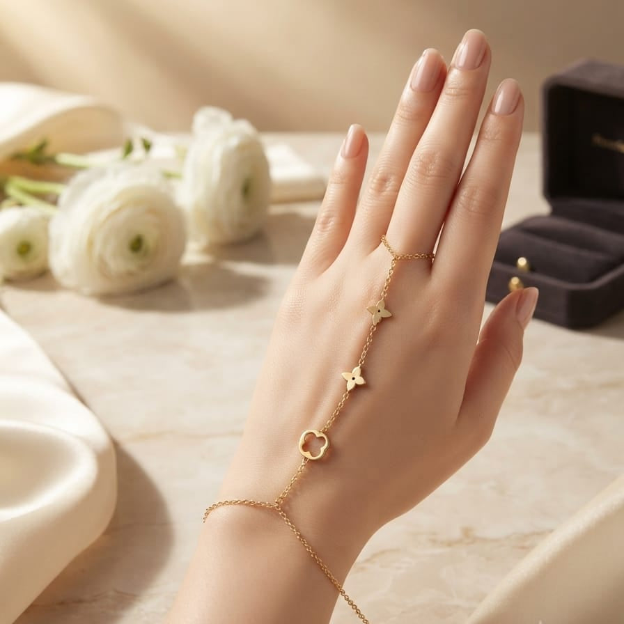 Clover Hand Chain Bracelet for Women | Anti-Tarnish Adjustable Hand Harness (Gold & Silver)
