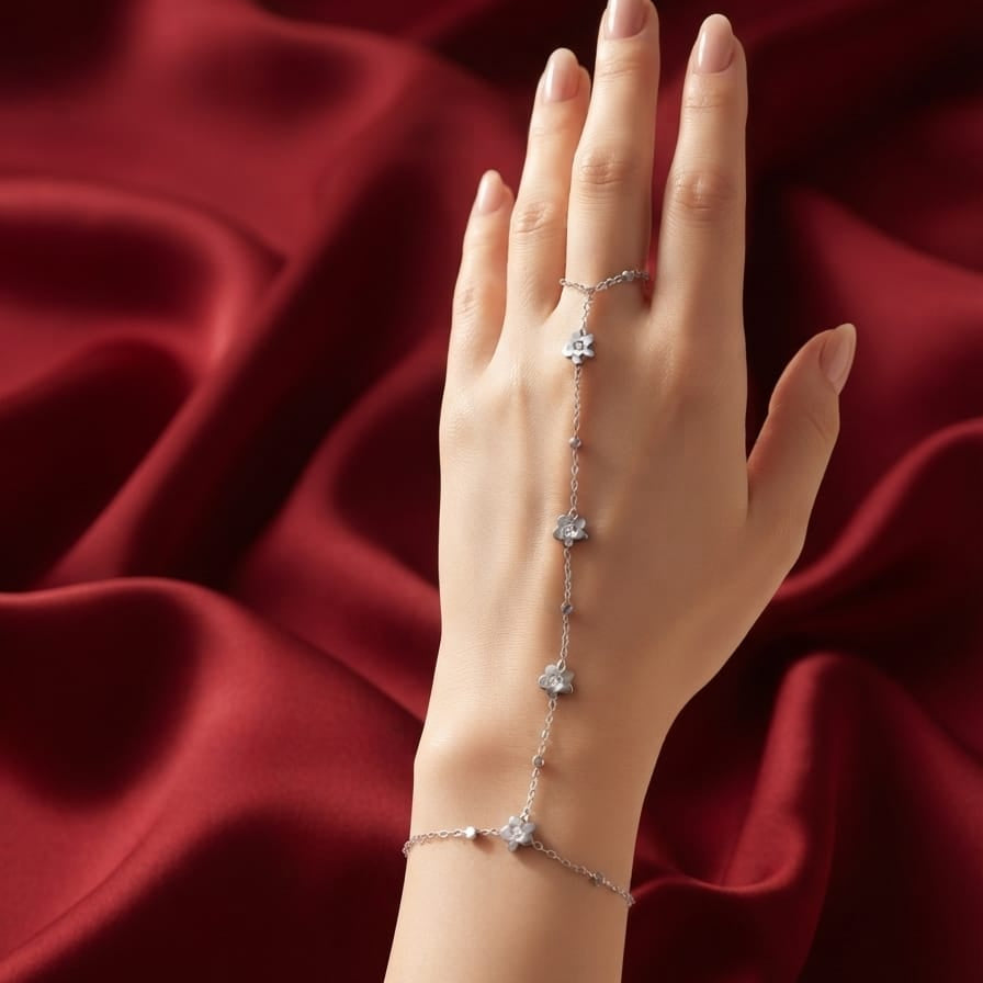 Floral Hand Chain Bracelet for Women | Anti-Tarnish Adjustable Bracelet with Ring (Gold & Silver)