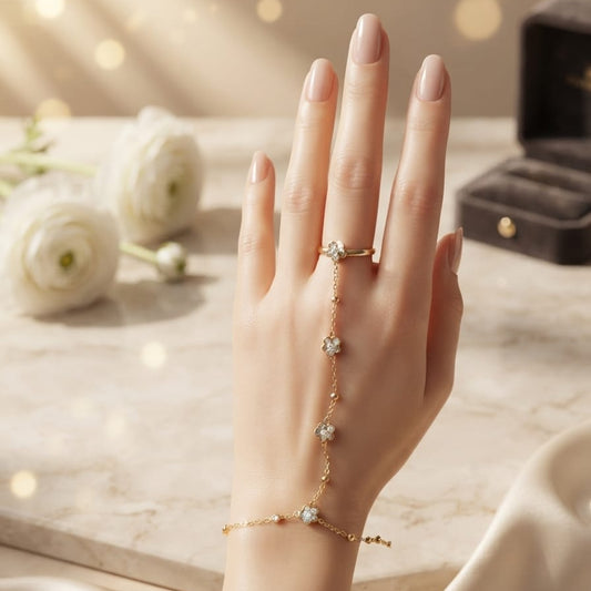 Floral Crystal Hand Chain Bracelet for Women | Anti-Tarnish Adjustable Bracelet with Ring